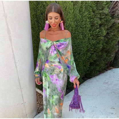 Maxi-jurk dames – Sexy halo-dye print met afneembare sjaal en trendy design