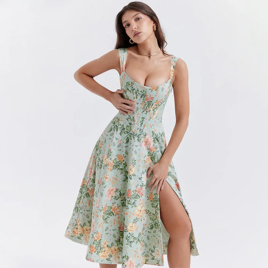 Midi Jurk Dames – Elegante Bloemenprint met Getailleerd Uitlopend Design en Zijsplit