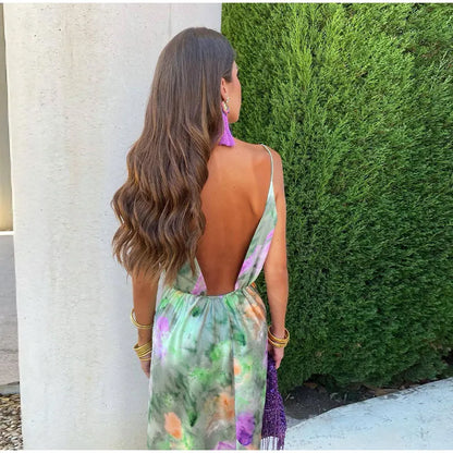Maxi-jurk dames – Sexy halo-dye print met afneembare sjaal en trendy design
