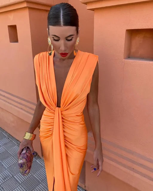 Robe longue élégante plissée – Jurk chic pour cérémonie et soirée