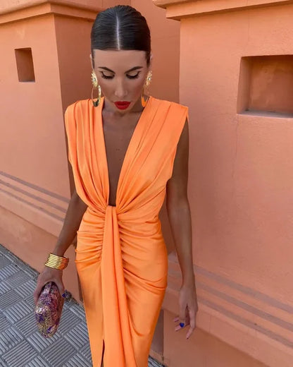 Robe longue élégante plissée – Jurk chic pour cérémonie et soirée