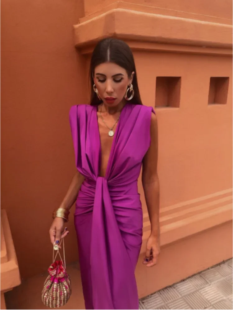 Robe longue élégante plissée – Jurk chic pour cérémonie et soirée