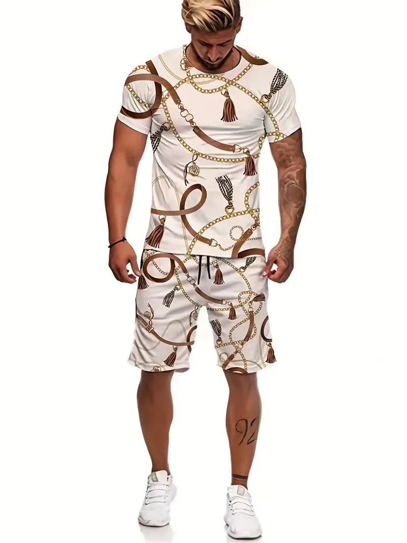 Bedrukte Heren Shirt en Shorts Set – Comfortabele Korte Mouwen en Casual Stijl