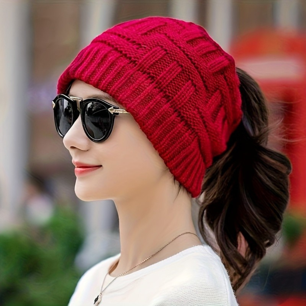 Vrouwen Gebreide Winter Beanie Muts met Opening voor Bun