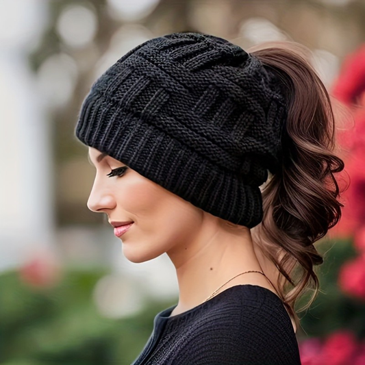 Vrouwen Gebreide Winter Beanie Muts met Opening voor Bun