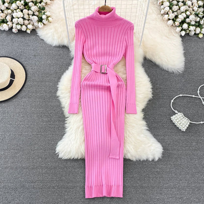 Lange coltrui jurk dames – Elegante jurk met riem voor casual en feestelijk gebruik