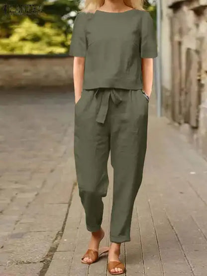 Blouse en broek dames – Korte mouwen met tailleband voor casual stijl