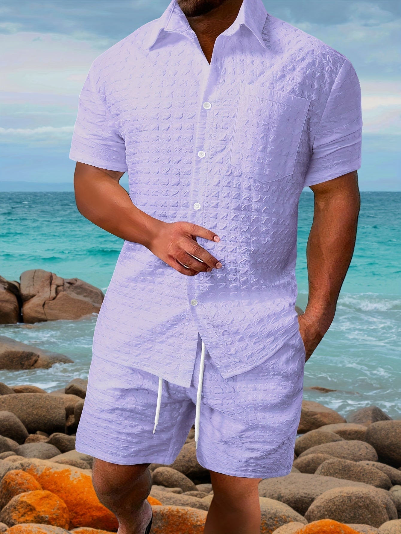 Wafelshirt en shorts heren – Comfortabele outfit met koord voor casual stijl