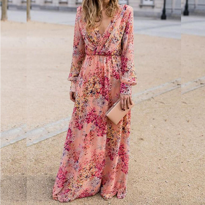 Robe Maxi Gedrukt – Roze V-Hals Lange Mouwen Jurk voor Feest en Casual