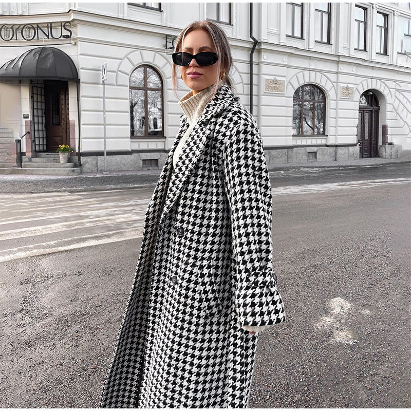Trenchcoat dames – Glencheck-patroon, stijlvolle lange jas voor herfst