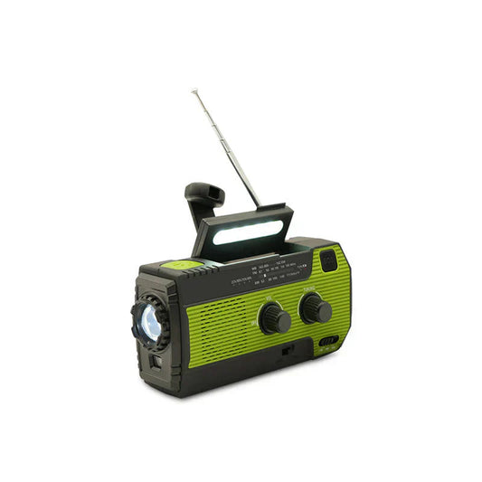 Zonne-noodradio met USB, batterij, handslinger en zaklamp