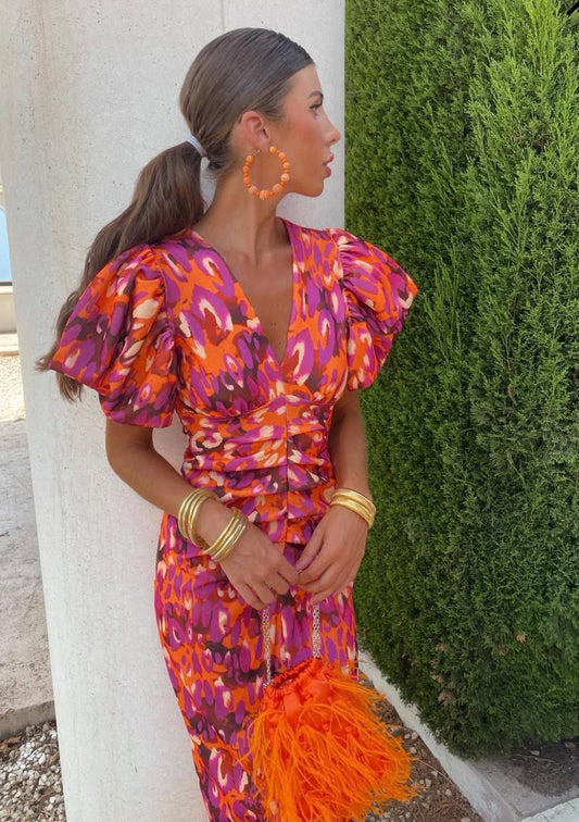 Midi Jurk Trendy – Elegante Pofmouwen en Geprinte Design voor Feestelijke Gelegenheden