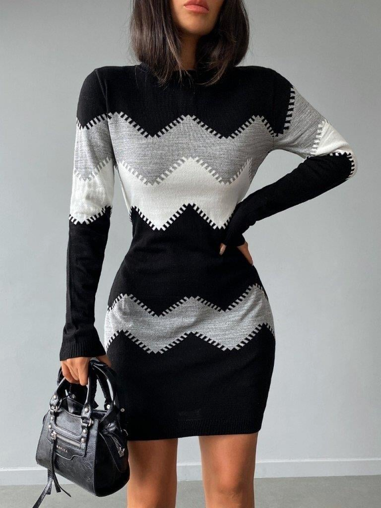 Kleurblok Tricot Jurk Dames – Elegante Zigzag Jurk voor Feest en Casual