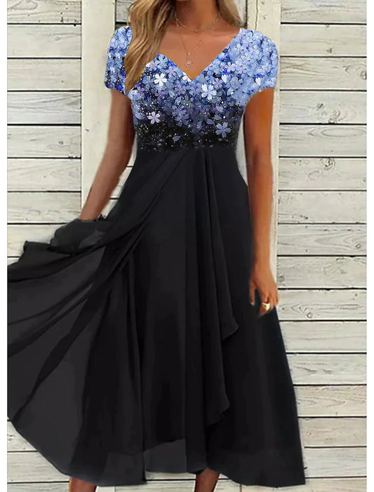 Bloemenjurk dames – Elegante bloemenjurk met korte mouwen voor zomerfeest