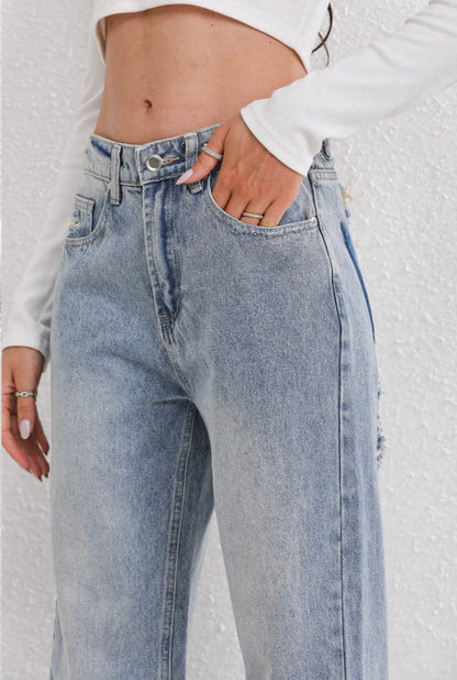Vintage Gescheurde Jeans Dames - Modieuze Slim Fit Denim met Hoge Taille